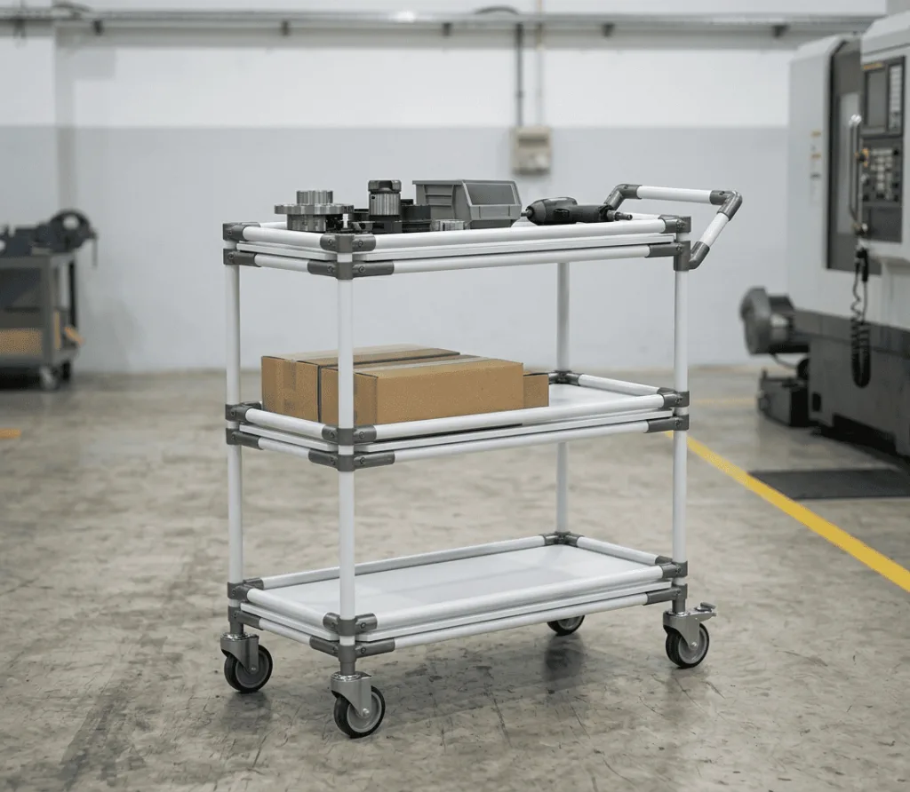 A Table Trolley with tools and boxes in a factory in Malaysia