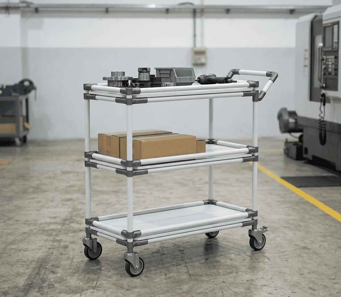 A Table Trolley with tools and boxes in a factory in Malaysia