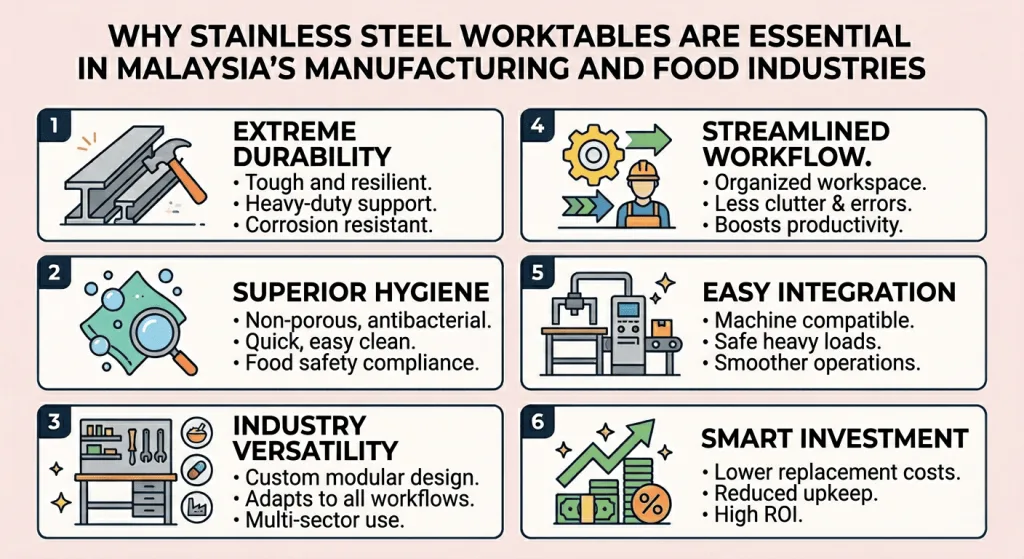 Why Stainless Steel Worktables Are Essential in Malaysia’s Manufacturing and Food Industries