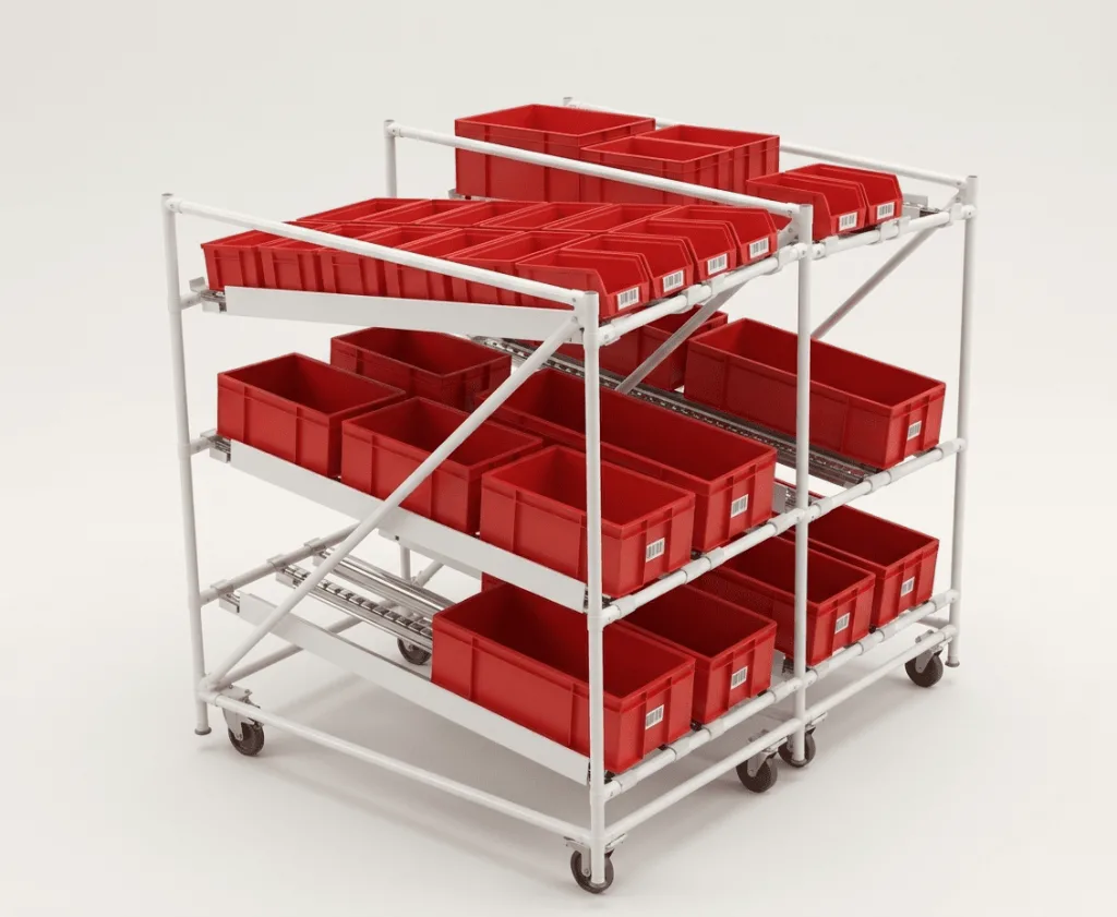 A flow rack in Malaysia with red plastic bins on roller tracks.