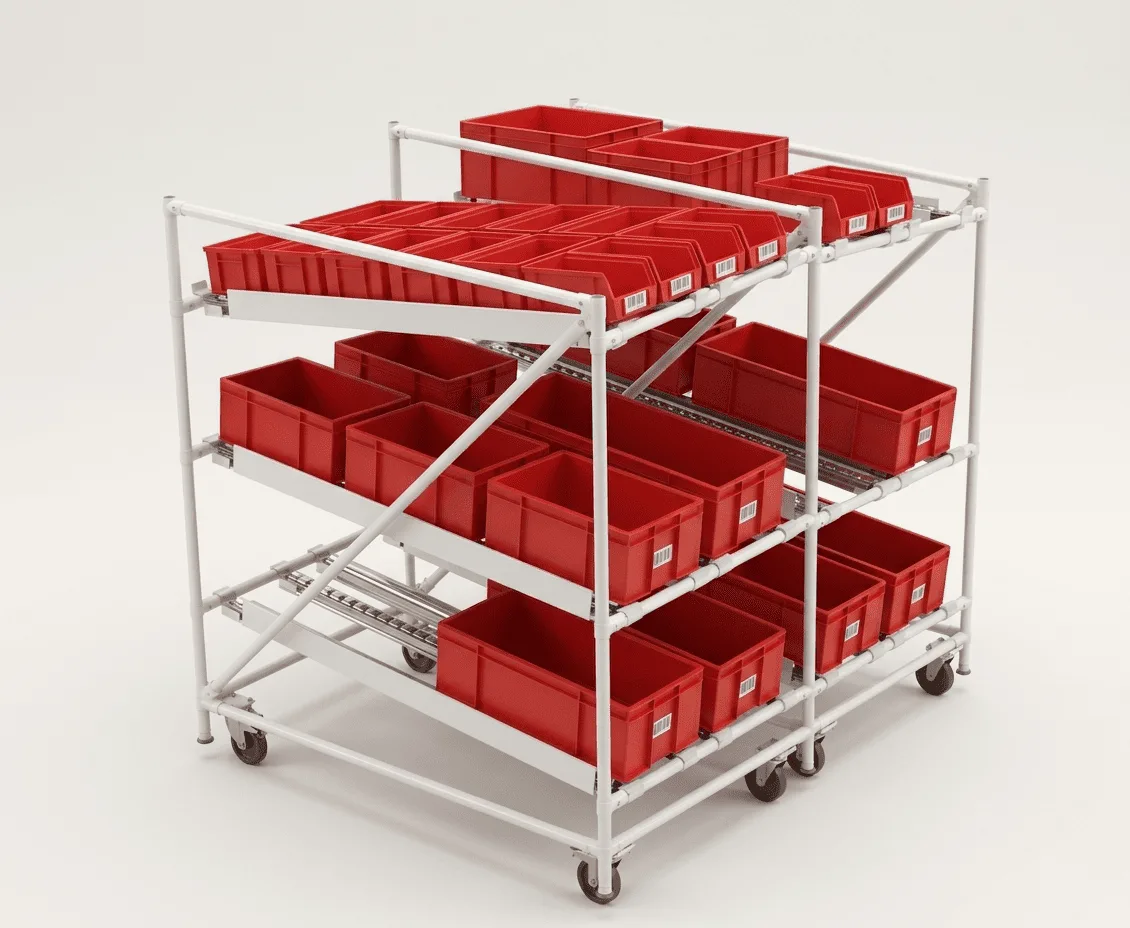 A flow rack in Malaysia with red plastic bins on roller tracks.