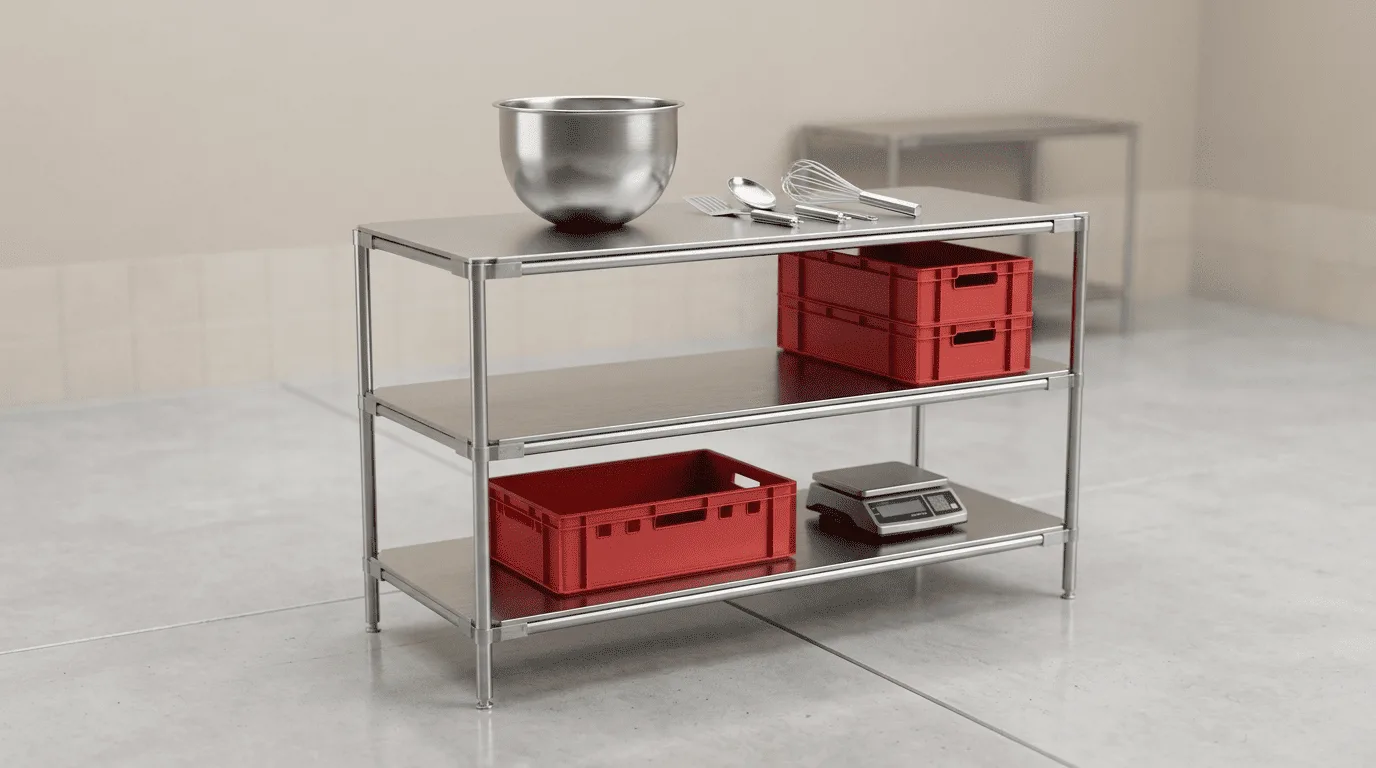 Stainless steel worktable in Malaysia with red crates