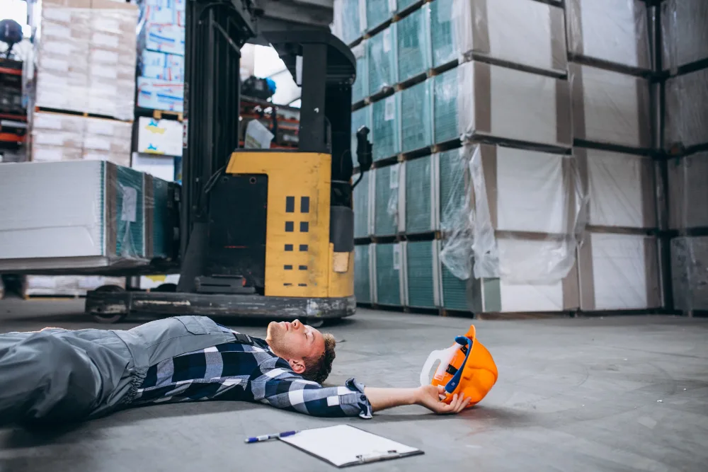 Worker lying on warehouse floor near a forklift after an apparent accident. Worker lying on warehouse floor in Malaysia near a forklift after an accident.
